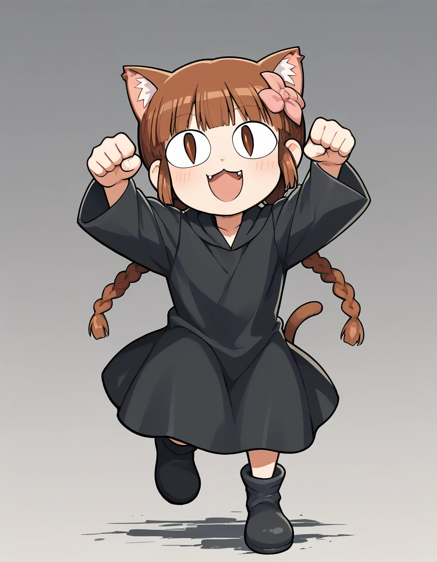 <lora:Grgrkukuri_SDXL_pony_fp16:1>,Grgrkukuri,  blunt bangs,robe, braid, brown eyes, twin braids,brown hair,black robe,boots,hair flower,paw pose,  <lora:xl_neco-arc(pony):1>,neco-arc,slit eyes,1girl,solo,cat ears,cat tail,chibi,:3,full body,open mouth, running, arms up,, score_9, score_8_up, score_7_up, BREAK source_anime, rating_questionable, best quality, masterpiece, uncensored,[pony diffusion V6 is trained by PurpleSmartAI:100]