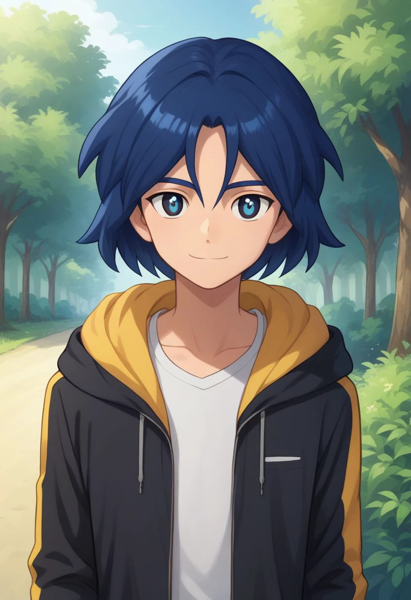 score_9, score_8_up, source_anime, highly detailed, 1boy, solo, male_focus, slender, skinny,
hikaru, 1boy, solo, blue hair, hoodie, hood, blue eyes, male focus, smile, jacket, open jacket, upper body,
outdoor,