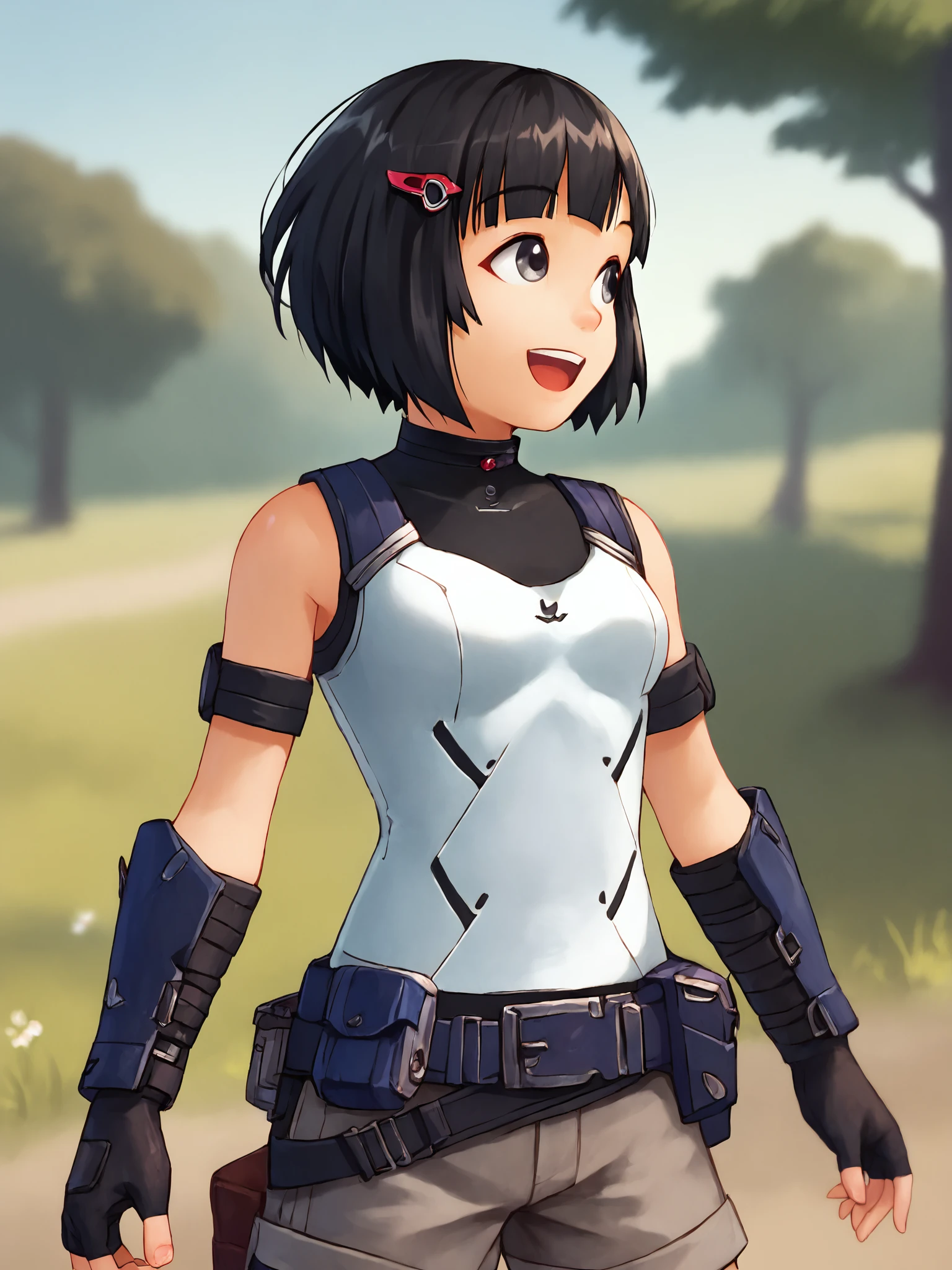 score_9, score_8_up,sharp focus,,  absurdres, highres, illustration, depth of field, tree, forest, 1girl, solo, fingerless gloves, grey shorts, belt, smile, open mouth, looking ahead, , black hair, short hair, bob cut, hair ornament, lineleexl, hairclip, grey eyes, armor <lora:linleexl:0.75>       <lora:Ichigo Mashimaro_XL:1>