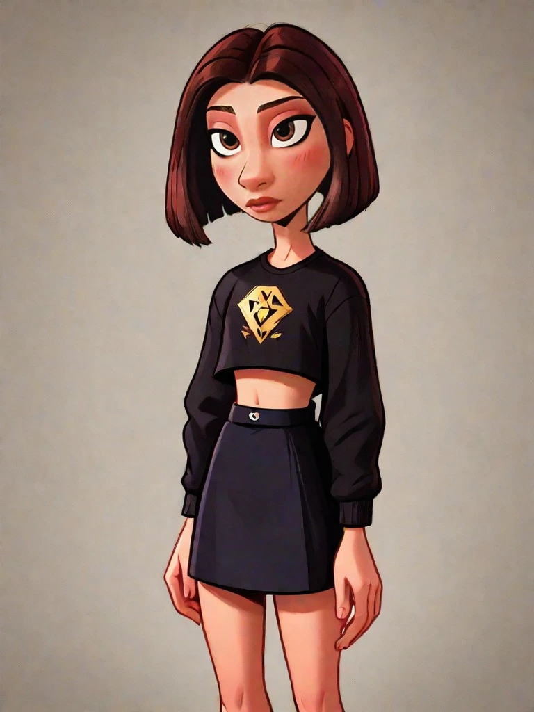 <lora:colettetatou-05:1> ( colettetatou:1.1), cowboy shot, bob cut,  brown hair
BREAK
black crop top, black skirt, bare belly, bare shoulders
 high res image,masterpiece,best quality,girl,cute face,clear skin,shiny hair,ultra detailed eyes,simple background,     <lora:r0bbr0wnXLP:1> r0bbr0wn