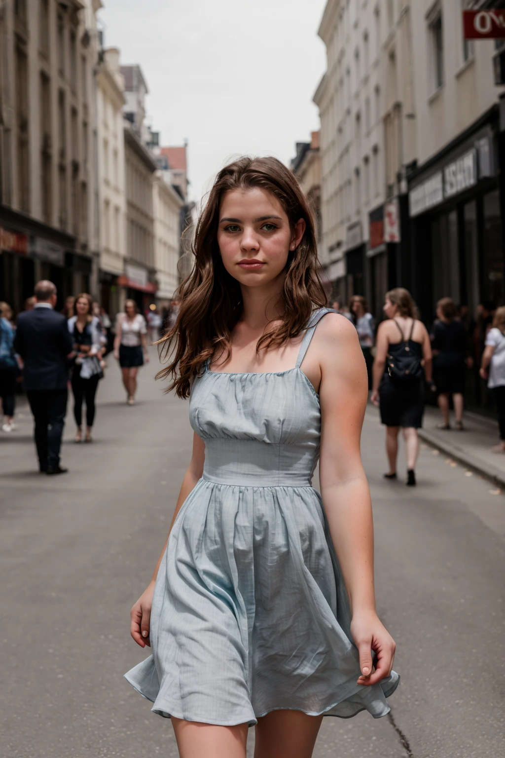 <lora:EmmaSinclaire:0.8>, full color portrait of a young woman, wearing a summer dress, in a crowded street, natural light, RAW photo, subject, 8k uhd, dslr, soft lighting, high quality, film grain, Nikon D850