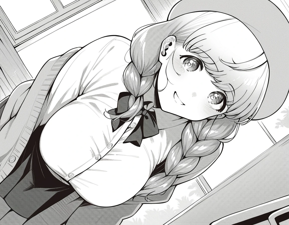 score_9, score_8_up, score_7_up, source_anime,
heriohanamori, <lora:herio-hanamori-manga-ponyxl-lora-nochekaiser:1>,
hanamori, long hair, bangs, braid, twin braids, large breasts, monochrome, greyscale,
skirt, shirt, hat, cardigan,
indoors, classroom, bent over, smile,
looking at viewer, solo, cowboy shot, dutch angle,