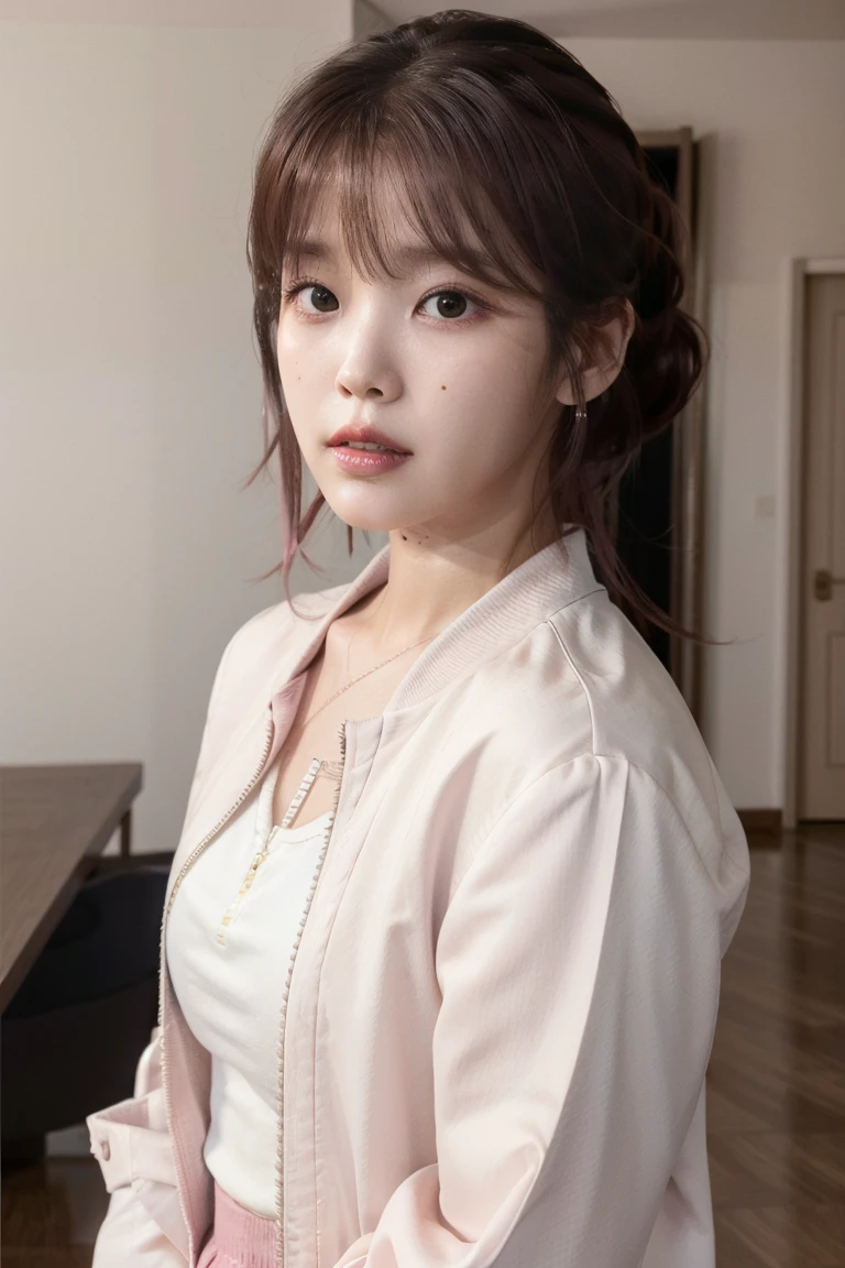 masterpiece,best quality,1girl,solo,realistic,photorealistic,ultra detailed,looking to the viewer,upper body,pink hair,bangs,(closeup),indoor,luxury house,white outfit,yellow jacket,updo,<lora:IU-v2-02:0.9>,iu,