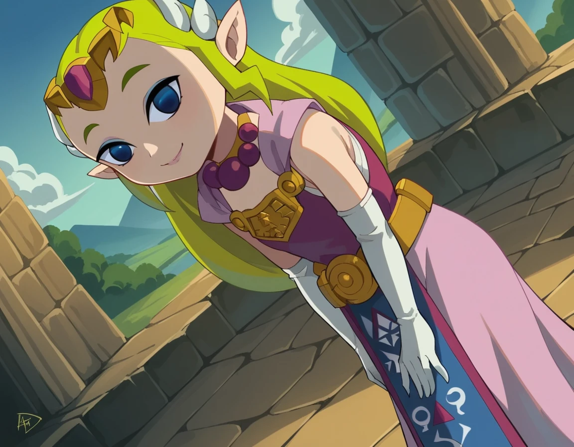 score_9, score_8_up, score_7_up, source_anime,
princesszelda, <lora:toon-zelda-ingame-ponyxl-lora-nochekaiser:0.8>,
zelda, long hair, blue eyes, blonde hair, gloves, dress, jewelry, pointy ears, elbow gloves, belt, necklace, tiara, pink dress, empty eyes, triforce, princess zelda,
outdoors, landscape, smile, bent over,
looking at viewer, solo, dutch angle, cowboy shot,