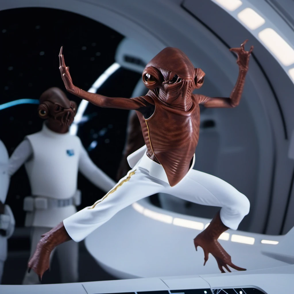 cinematic photo an brown skin alien with a strange looking face, star wars, white suit,
fighting poses, spaceship <lora:AmiralAckbar1024:0.9> . 35mm photograph, film, bokeh, professional, 4k, highly detailed