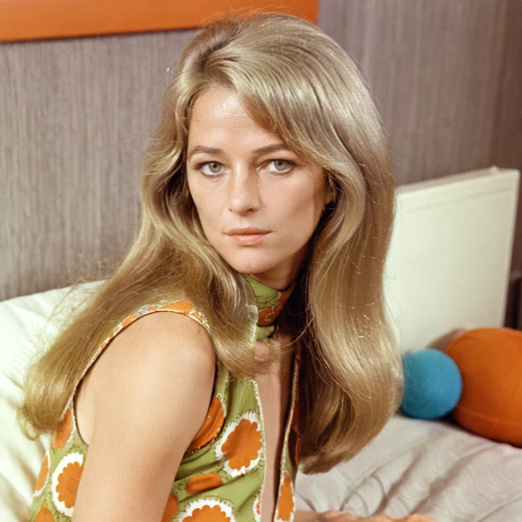 gnilpmarettolrahc 70s long blonde hair <lora:Charlotte Rampling 2 SDXL-step00001500:1>