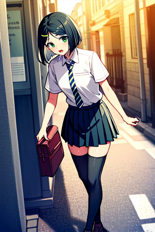 masterpiece,
solo, front view,
1girl, standing, looking_at_viewer,
<lora:woman_of_el-melloi_v4:1>, woem, waver velvet, bangs, black hair, bob cut, genderswap, genderswap (mtf), green eyes, short hair, parted bangs, school uniform, necktie, skirt, miniskirt, pleated skirt, shoes, socks, thighhighs, zettai ryouiki,