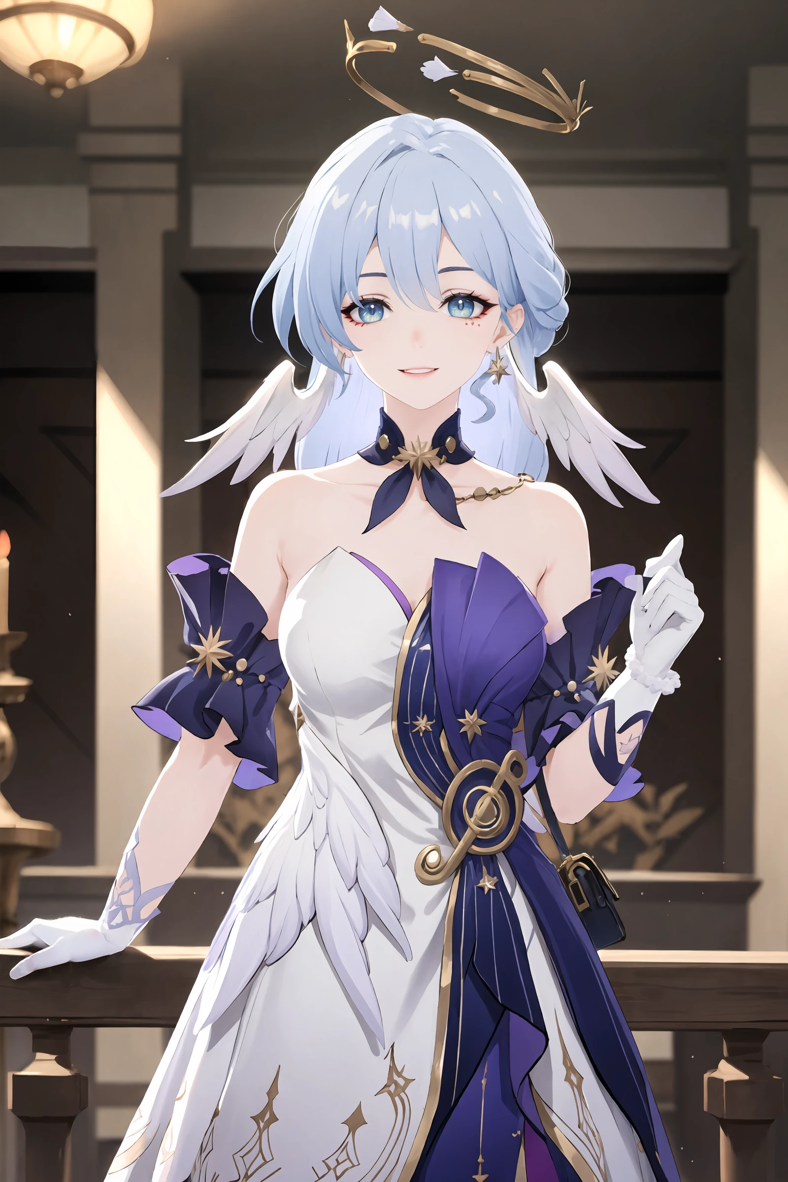 1girl, robin \(honkai: star rail\), solo, sleeveless dress, halo, white gloves, earrings, detached sleeves, detached collar, head wings, holding handbag, standing, cowboy shot, light smile, looking at viewer, ballroom, indoors, depth of field