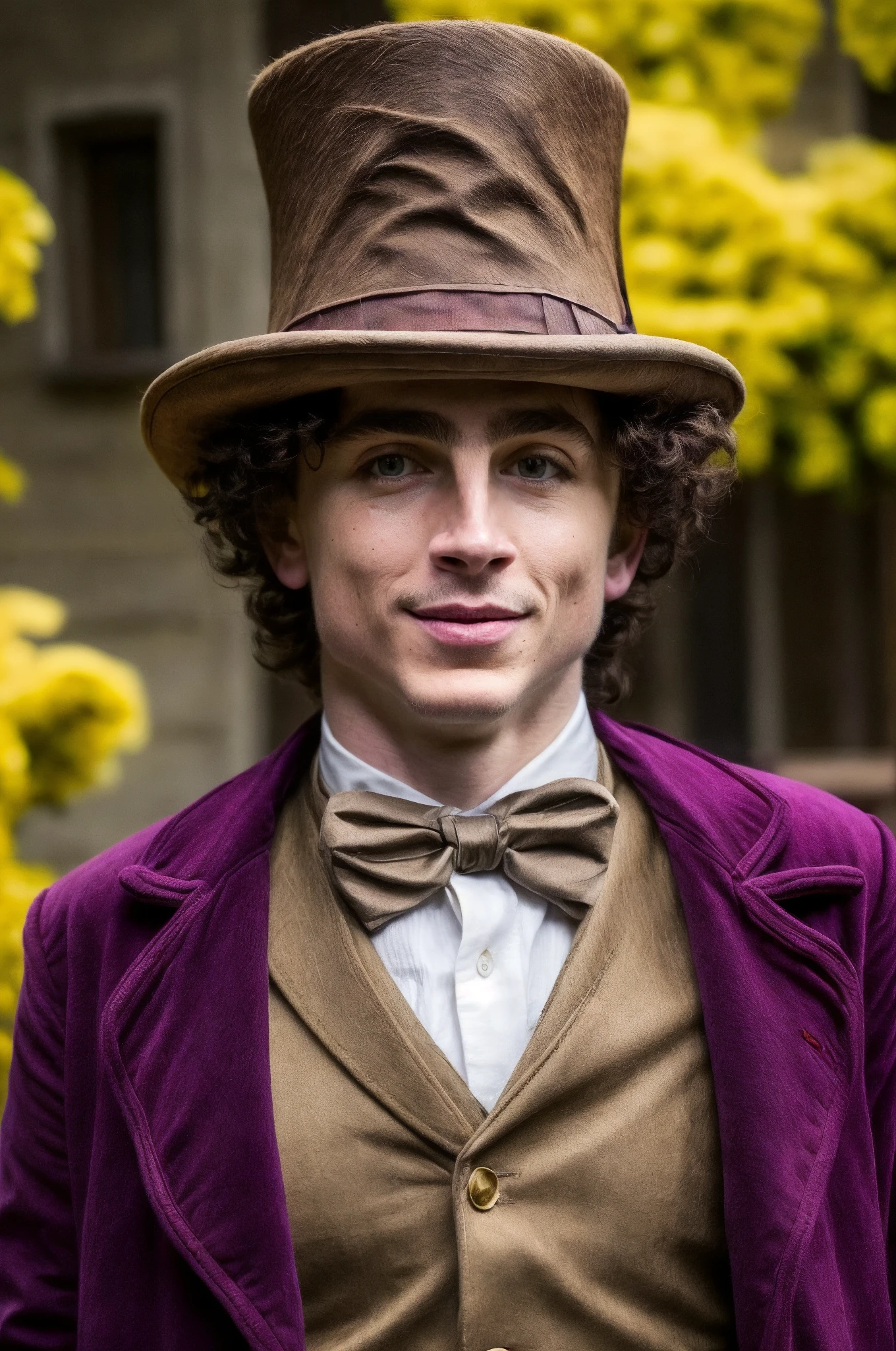 solo, face shot, portrait, looking at viewer, perfecteyes, Wonka, the mad hatter is wearing a purple jacket and bow tie