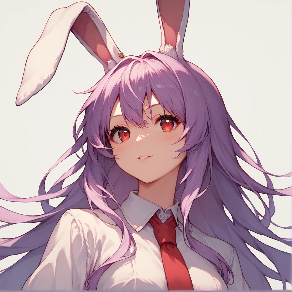 score_9, score_8_up, score_8, score_9, 1 girl, source_anime, <lora:reisen_udongein_inaba_ponyxl-10:1.0>, reisen udongein inaba, purple hair, red eyes, rabbit ears, rabbit girl, long hair, portrait, white shirt, red necktie