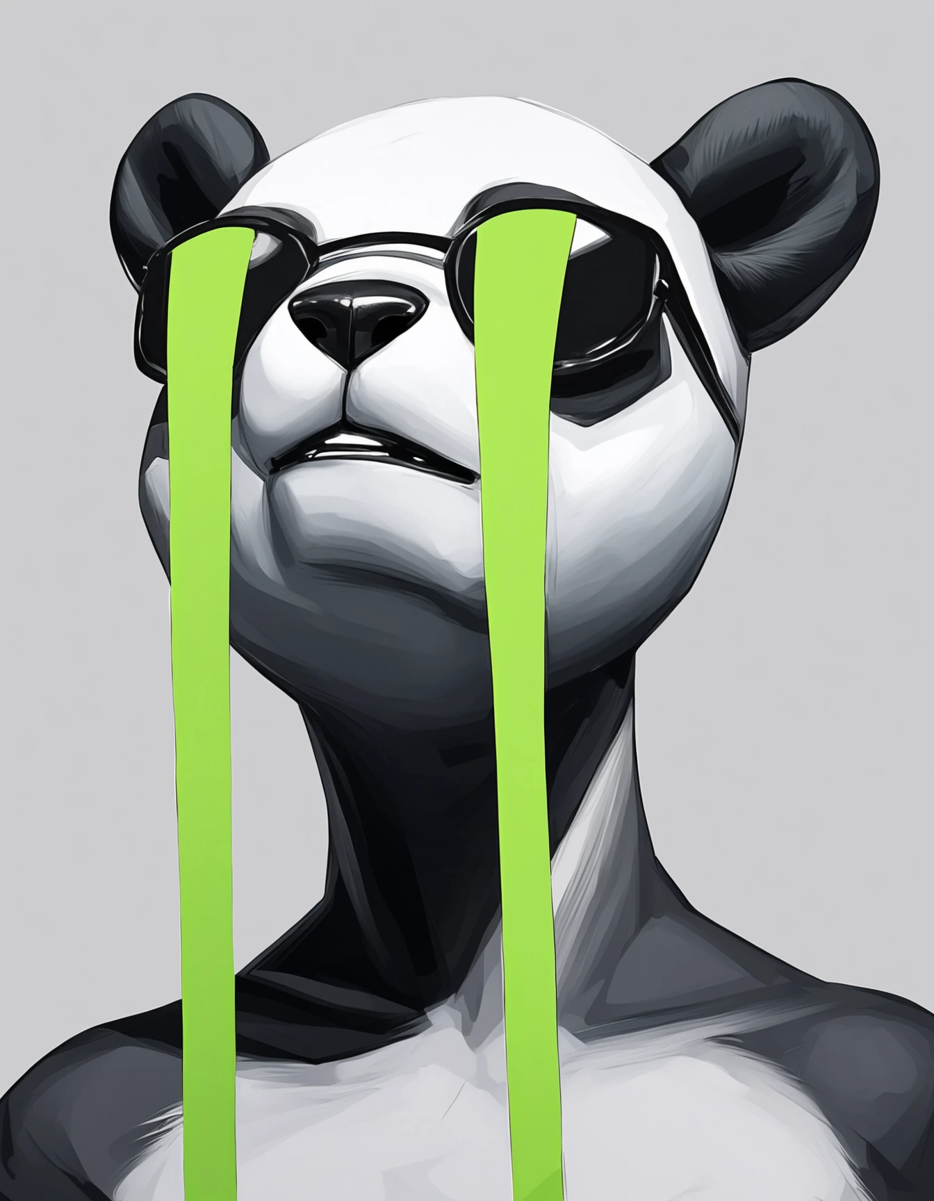 score_9, score_8_up, score_7_up, score_6_up, score_5_up, score_4_up,  
source: illustration
Edyta_Grzyb,  (furry, anthropomorphic giant panda male:1.3),The image features a modern, abstract art style. At the center is a female figure with closed eyes, appearing to be wearing sunglasses and a black top. Her face is not visible; instead, it's obscured by green rectangles that form a pattern across her head, neck, and part of her shoulders. The background is neutral, allowing the subject to stand out. In the bottom right corner, there is a small part of a different image or graphic element, which appears to be a checkered pattern in black and white. , Portrait