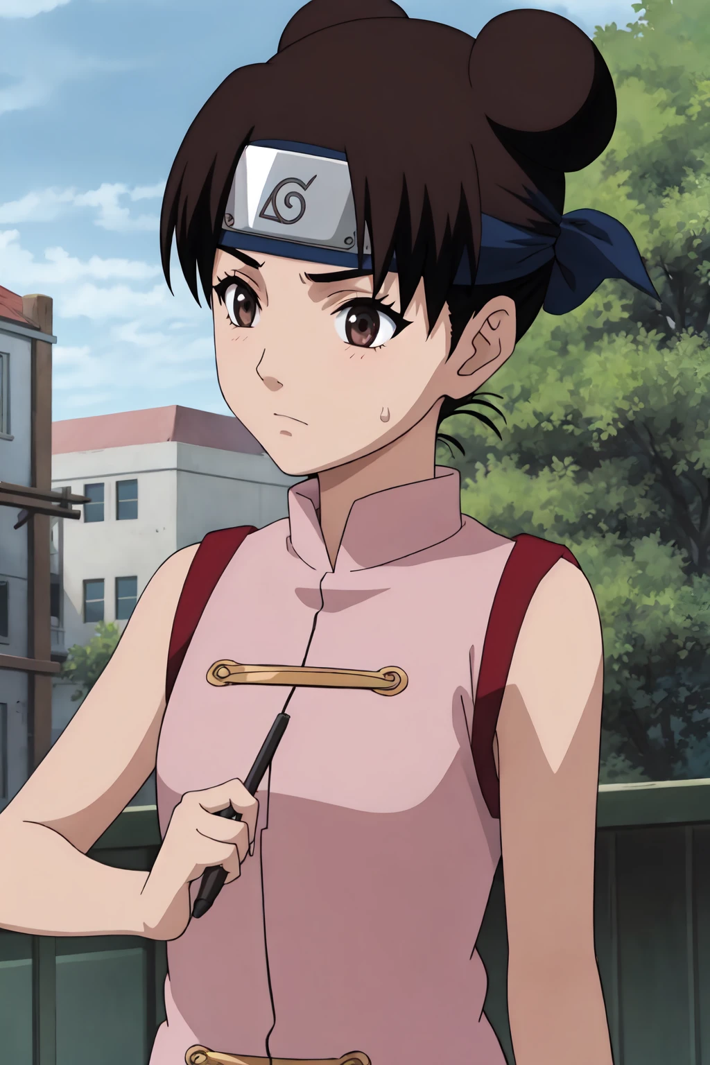 tenten, 4k, absurd, high resolution, very high resolution, high definition, masterpiece, 2 bows, short brown hair, "pink sleeveless shirt", girl, upper body<lora:EMS-383091-EMS:0.800000>