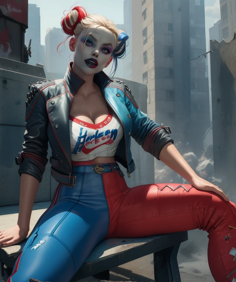 Harley,blue eyes,double bun,
shirt,multicolored cropped jacket,belt,navel,multicolored pants,cleavage,blue and red attire,sitting,
metropolis,morning,destruction, spread legs, 
(insanely detailed, masterpiece, best quality),solo,<lora:HarleySQ-12:0.9>,