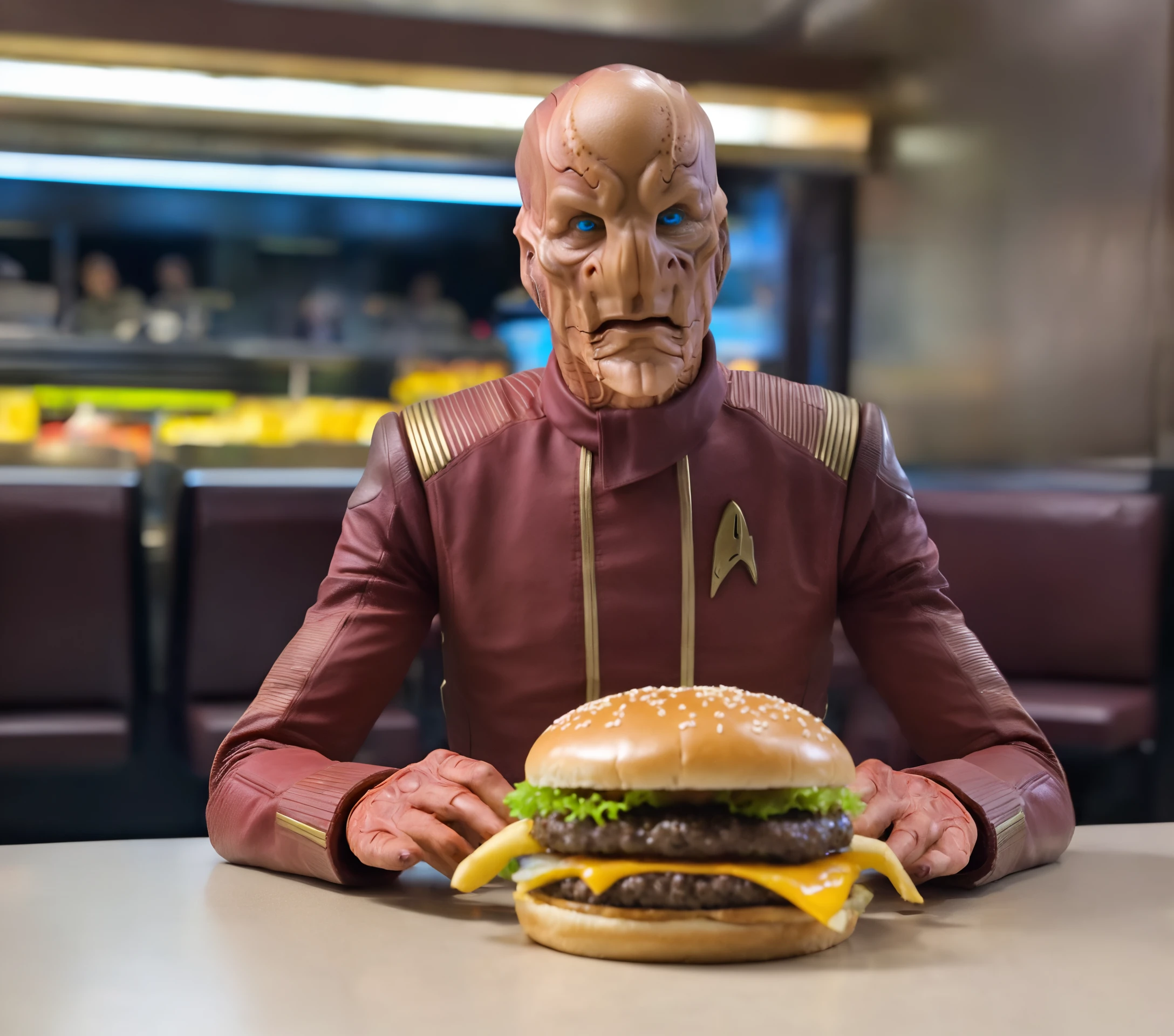 SaruST, kelpian, detailed blue eyes, 8k, SaruST, kelpien, Saru, Alien, solo, male focus , red spandex suit, brownish orange skin, star trek, blue eyes, sitting inside McDonalds,( massive hamburger on table:1.2), 8k photo