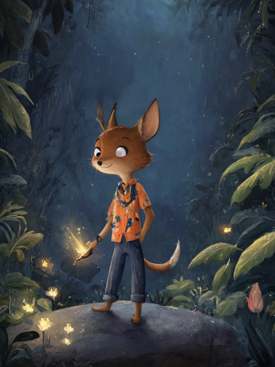 (by Homogenousrule, by Wildering, by Foxovh, by Catcouch),
solo (((nick wilde)) blue hawaii floral shirt with jeans),
(standing, three-quarter portrait, three-quarter view, looking at viewer:1.25),
BREAK
(jungle, river, rock, firefly, night, glowing),
(detailed background, depth of field, ambient silhouette, backlighting),
masterpiece,best quality,4k,2k,(intricate:0.9),(high detail, shaded, realistic:1.25),absurd res,<lora:é²åä¸æ´¾@SDXLå¿ç«¥ç»æ¬:1>,Children's picture books