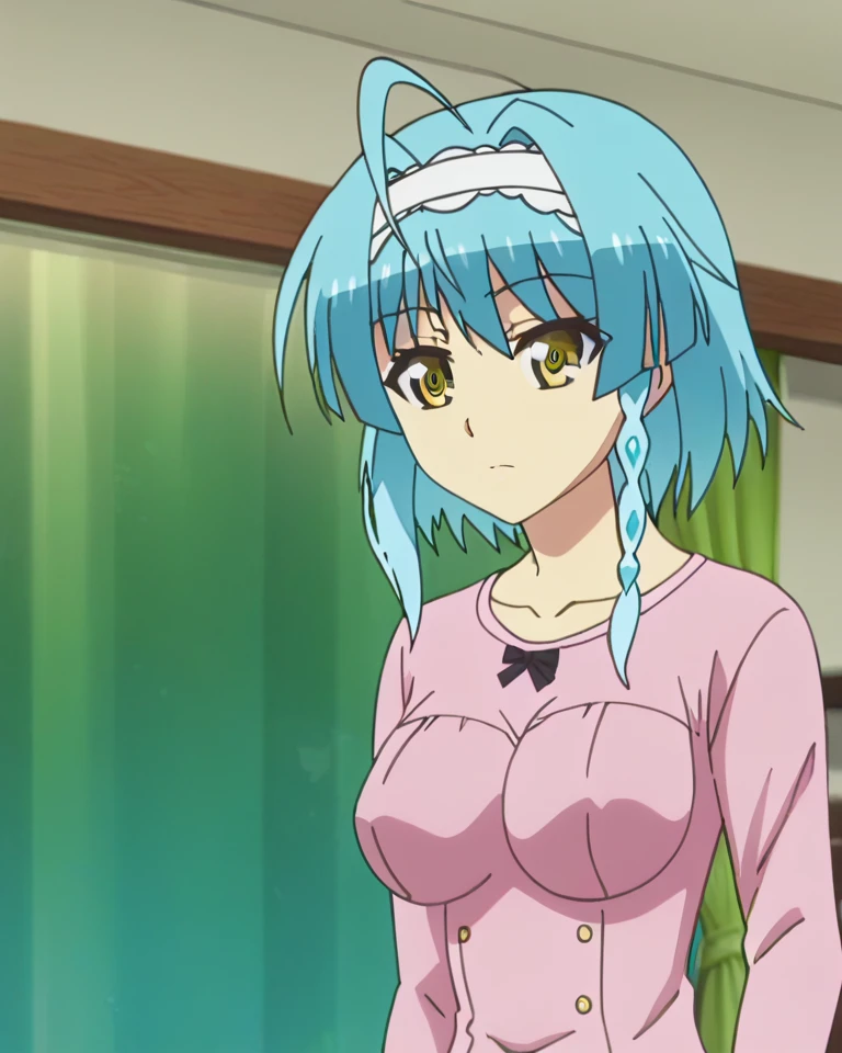masterpiece, best quality, wallpaper, 1girl, solo, looking at viewer , rimuru_tempest, blue hair, yelow eyes, long hair, ((((small breast)))), ((breast grab)), nipples, bedroom, confident smile, (smug), nude