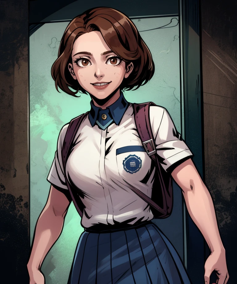 mina,brown eyes,short hair,
short sleeves,skirt,backpack,white collared shirt,school uniform,light smile,
standing,
hallyway,dim lighting,
(insanely detailed, masterpiece, best quality),solo,<lora:Mina:0.8>,
