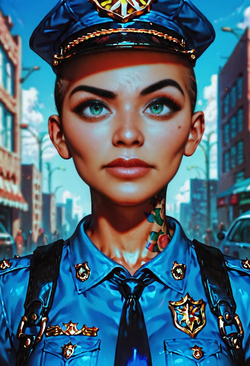 <lora:ReinaPXL:0.8>, 1girl, female police officer uniform in new york streets, detailed skin, detailed eyes, Raised Eyebrow