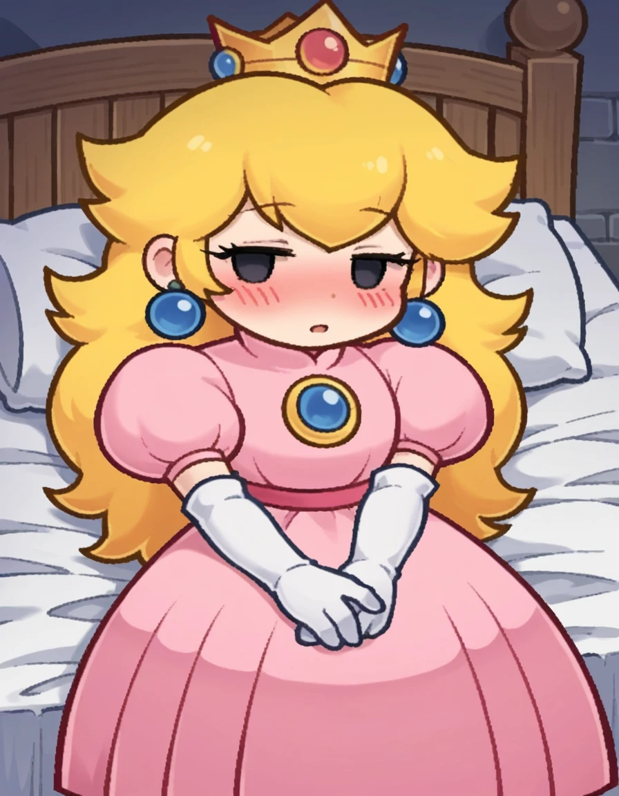 score_9, score_8_up, score_7_up, source_anime,
princesspeach, <lora:paper-peach-ingame-ponyxl-lora-nochekaiser:0.8>,
peach, long hair, blonde hair, chibi, solid oval eyes, no sclera, black eyes, eyelashes,
gloves, dress, jewelry, earrings, elbow gloves, crown, pink dress,
indoors, bed, bed room, on side, blush, drunk,
looking at viewer, solo, dutch angle, cowboy shot,