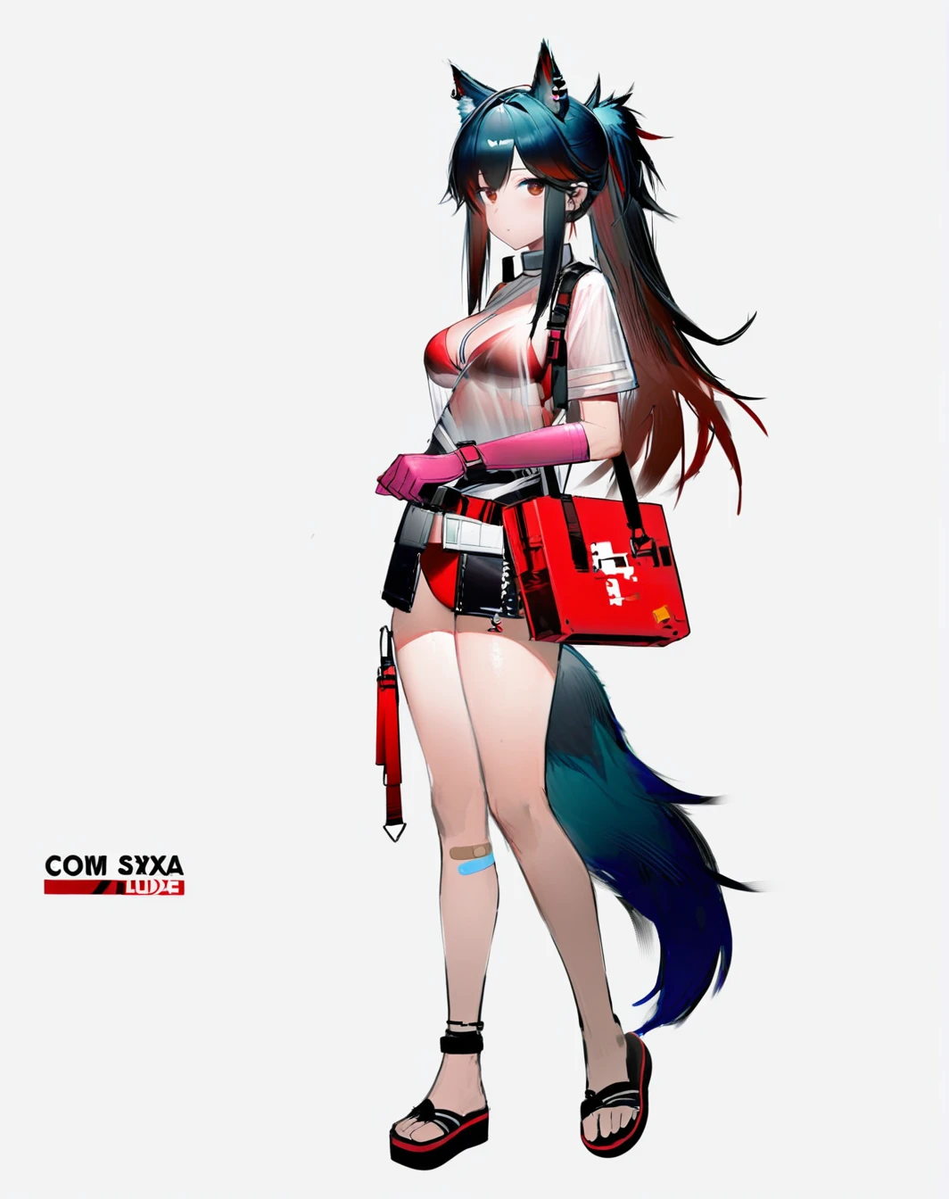 liduke,1girl,solo,animal ears,texas (arknights),wolf ears,tail,sandals,black hair,wolf tail,red gloves,swimsuit,white background,long hair,ponytail,see-through,full body,simple background,wolf girl,looking at viewer,gloves,standing,breasts,flip-flops,red hair,multicolored hair,bare legs,red bikini,bikini,medium breasts,sidelocks,pink gloves,extra ears,character name,short sleeves,bangs,bandaid,closed mouth,ear piercing,animal ear fluff,piercing,shirt,brown eyes,red eyes,elbow gloves,toes,