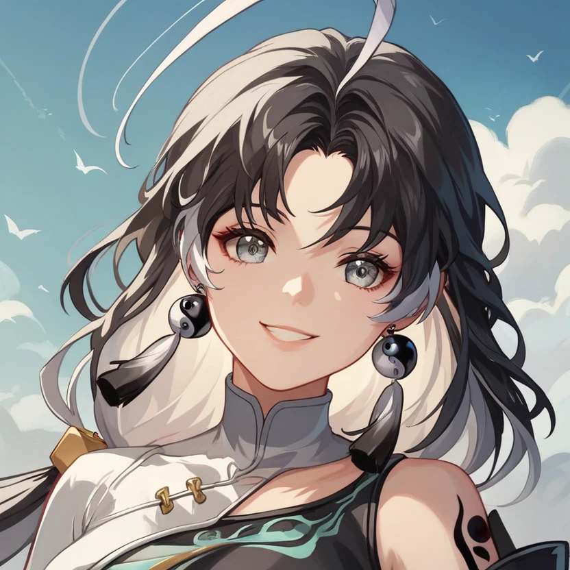 Jianxin \(Wuthering Waves\), 1girl, solo, silver eyes, multicolored hair, black hair, white hair, ahoge, yin-yang earrings, tassel earrings, low twintails, cube hairties, china dress, black and white dress, shoulder cutout, shoulder tattoo, Tacet mark, frequency tattoo, head shot, smile
<lora:Jianxin_WuWa_v2:0.7>, (score_9,score_8_up,score_7_up), (masterpiece, 8K, high quality, highres, ultra-detailed, absurdres, best quality, detailed), sidelighting, lustrous skin