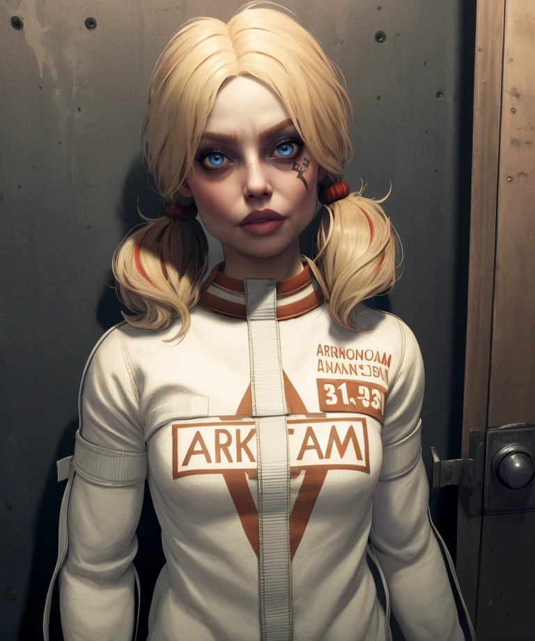 Harley,blue eyes,twintails,blonde hair, two-tone hair,
white shirt,long sleeves,
standing,upper body,
prison cell,
(insanely detailed, masterpiece, best quality),solo,<lora:harleySQA:0.8>,
