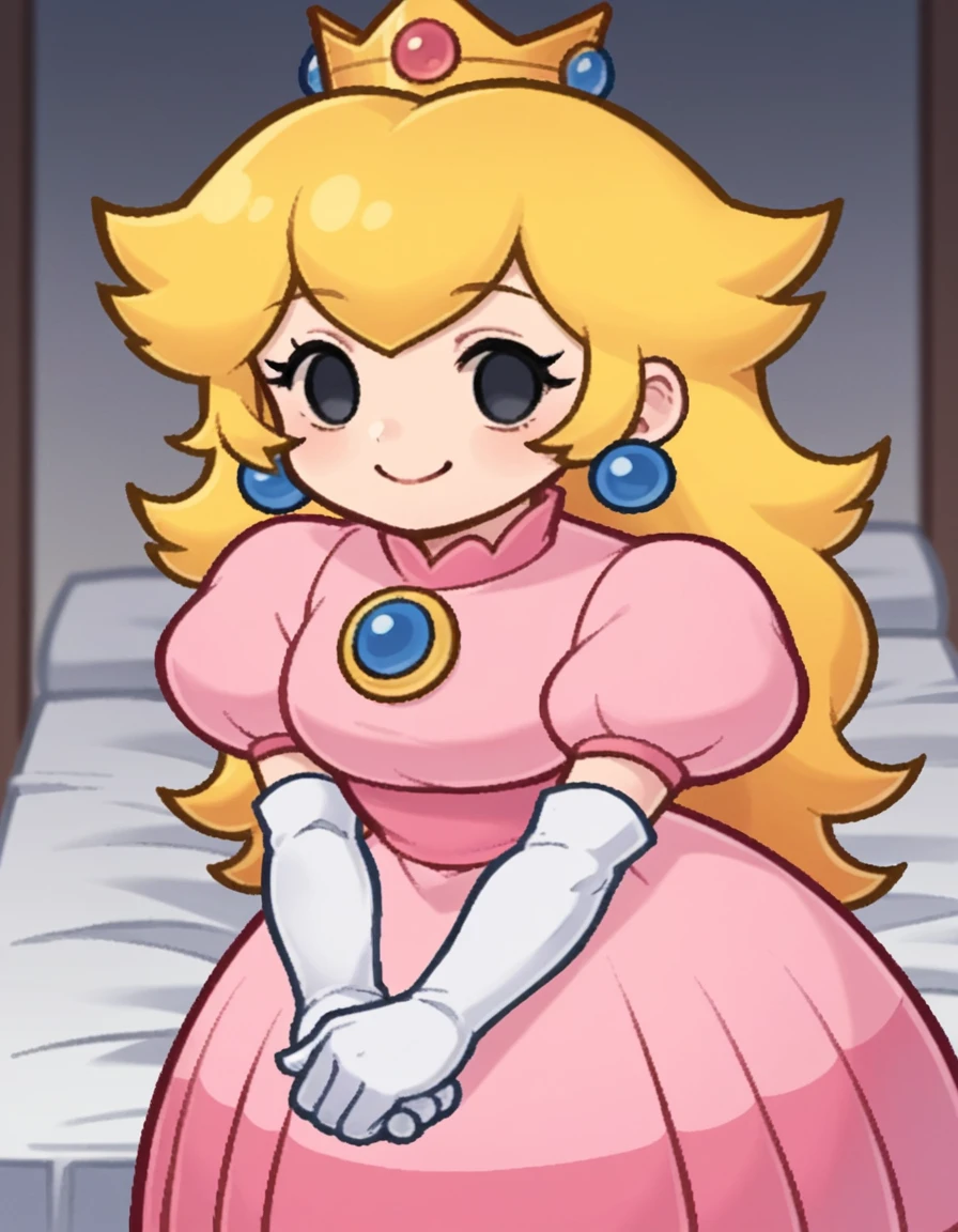 score_9, score_8_up, score_7_up, source_anime,
princesspeach, <lora:paper-peach-ingame-ponyxl-lora-nochekaiser:0.8>,
peach, long hair, blonde hair, chibi, solid oval eyes, no sclera, black eyes, eyelashes,
gloves, dress, jewelry, earrings, elbow gloves, crown, pink dress,
indoors, bent over, smile,
looking at viewer, solo, dutch angle, cowboy shot,