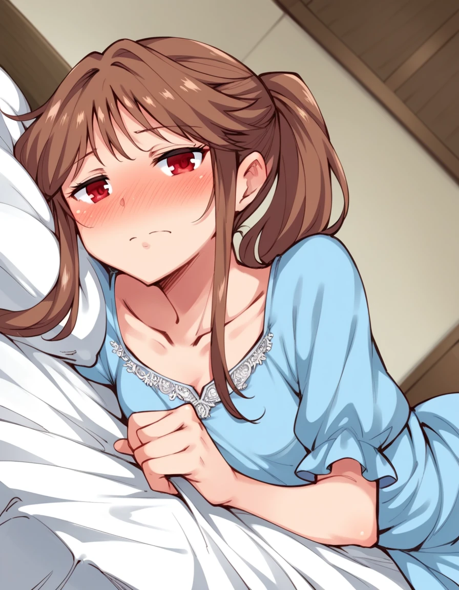 score_9, score_8_up, score_7_up, source_anime,
osananajimimei, <lora:osananajimi-mei-manga-ponyxl-lora-nochekaiser:1>,
osananajimi mei, long hair, brown hair, ponytail, sidelocks, red eyes,
dress, collarbone, blue dress,
indoors, bed, bed room, on side, blush, drunk,
looking at viewer, solo, cowboy shot, dutch angle,