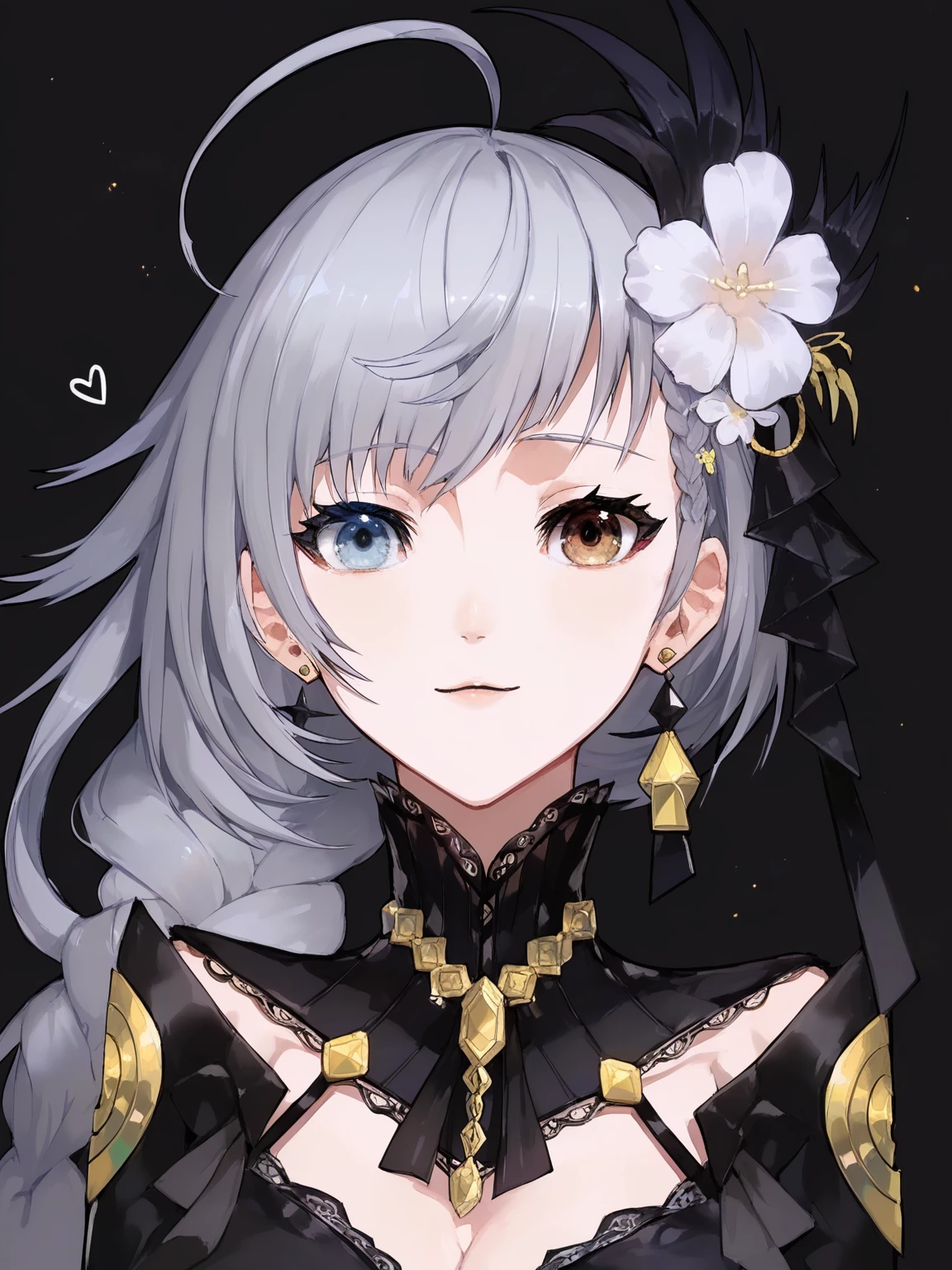 (score_9,score_8_up,score_7_up,),naihei,long hair,dress,1girl,black dress,hair flower,very long hair,long sleeves,jewelry,looking at viewer,heart ahoge,earrings,heterochromia,braid,cleavage,grey hair,<lora:nailv6-000008:0.9>,hair ornament,portrait,liquid background,dark_persona,<lora:MikaPikaZoXLP6lokrV42310:0.8>,grimace,