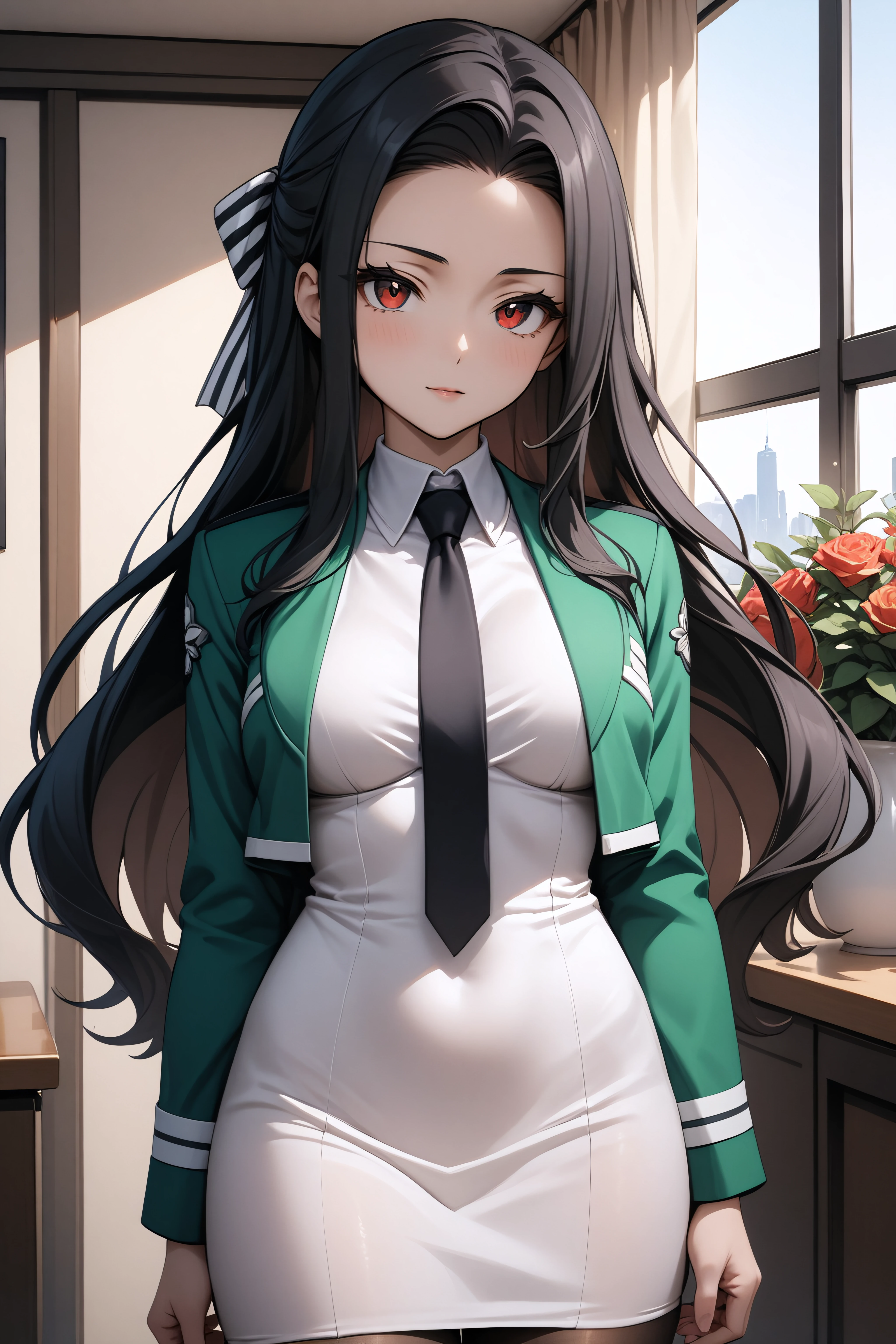 (masterpiece, best quality), <lora:Mayumi Saegusa-SDXL-lora-Faxtron:0.8> mayumi saegusa, red eyes, black hair, long hair, medium breasts, striped ribbon, cropped green jacket, long sleeves, white dress, black necktie, pantyhose, standing,