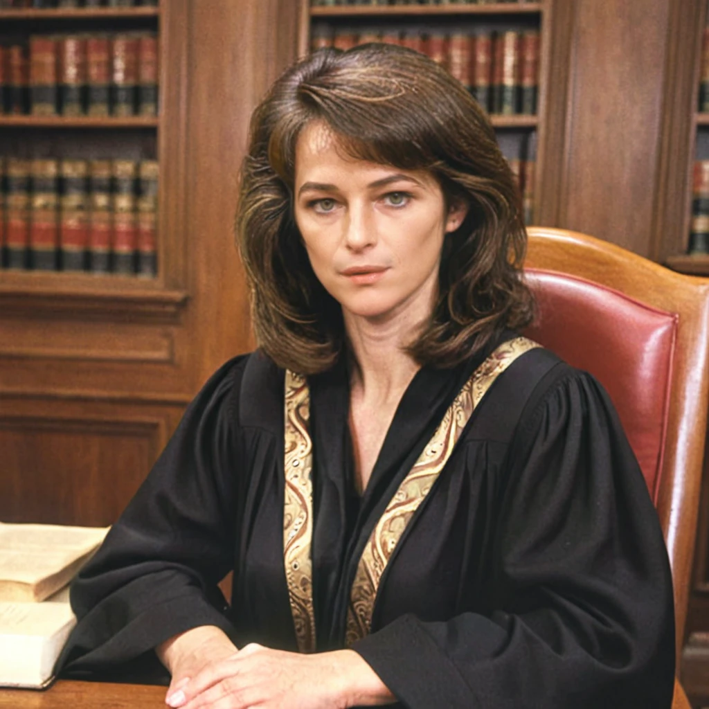 gnilpmarettolrahc as a judge wearing robes <lora:Charlotte Rampling 2 SDXL-step00001500:1>