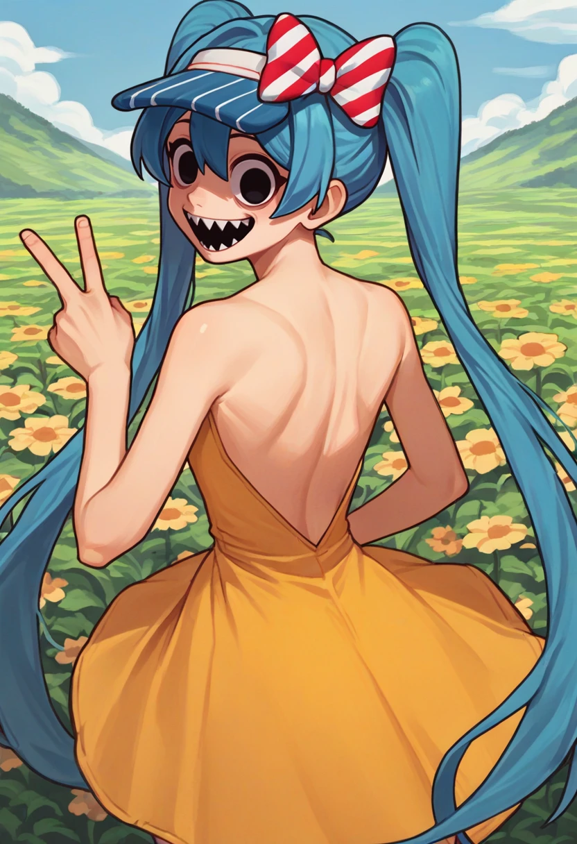 score_9, score_8_up, score_7_up, source_anime, from behind, solo, 1girl, mesmerizermiku, sharp teeth, crazy smile, looking back, v, blue hair, twintails, hair bow, striped bow, visor cap, black eyes, crazy eyes, yellow sundress, bare shoulders, outdoors, flower field <lora:vocaloid_mesmerizermiku_ponyXL:1>