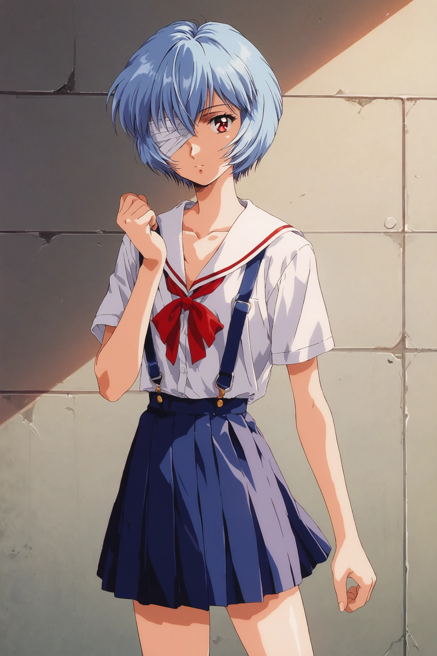 score_9,score_8_up,score_7_up,masterpiece,best quality,absurdres,
1girl,ayanami rei,short hair,blue hair,bandages,school uniform,solo,bandage over one eye,red eyes,ribbon,looking at viewer,tokyo-3 middle school uniform,shirt,short sleeves,closed mouth,neck ribbon,clenched hand,white shirt,cowboy shot,hand up,skirt,red ribbon,bandaged head,suspender skirt,expressionless,bangs,collarbone,signature,standing,bow,suspenders,arm at side,1990s \(style\),retro artstyle,
<lora:Koh Kawarajima_XL_PONY:0.8>,