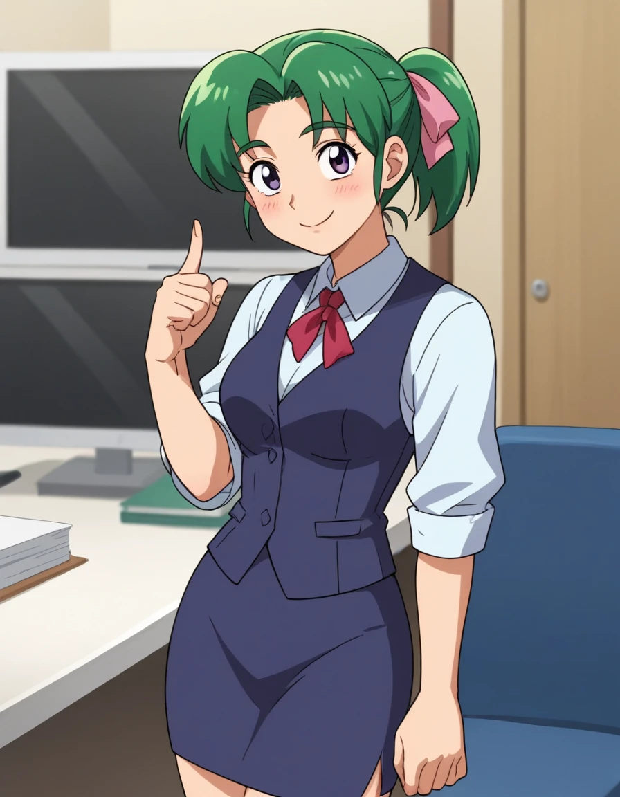 score_9, score_8_up, score_7_up, score_6_up, score_5_up, score_4_up, BREAK source_anime, anime screencap, <lora:HatsusenoAlphaXL-08:0.7>
HatsusenoAlphaXL, 1girl, solo, blush, smile, skirt, bow, ribbon, hair ribbon, ponytail, vest, index finger raised, pencil skirt, office lady