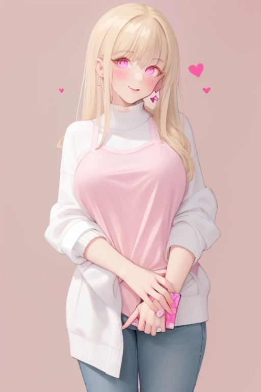 p0pqn, 1girl, standing, pastel pink, blonde, valentines, simple background