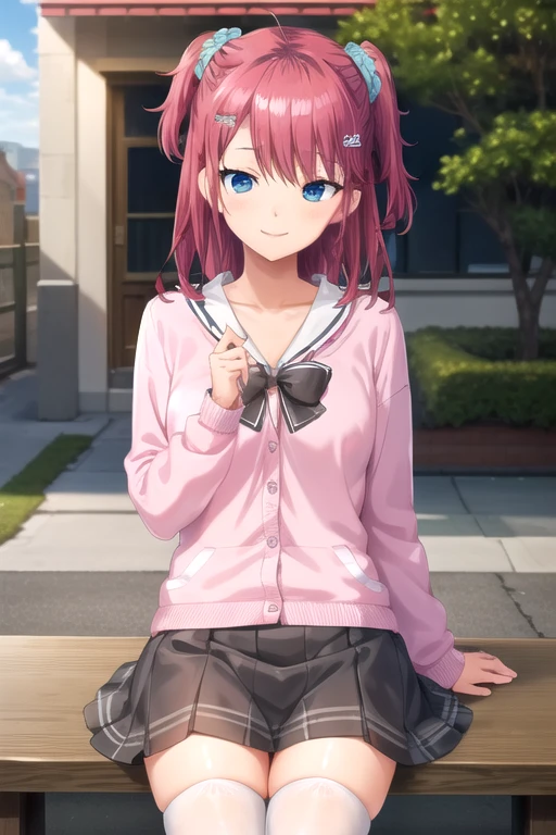 ((masterpiece)),(best quality),official art,extremely delicate and beautiful,extremely detailed CG,unity 8k wallpaper,ultra detailed,beautiful detailed eyes,extremely detailed face,outdoors,1girl,solo,cowboy shot,looking at viewer,facing viewer,smile,Koorogi Maya,long hair,pink hair,two side up,hairclip,hair ornament,hair scrunchie,blue scrunchie,sidelocks,hair between eyes,bangs,blue eyes,collarbone,school uniform,white sailor collar,pink cardigan,black bowtie,long sleeves,medium breasts,black skirt,pleated skirt,white thighhighs,bow legwear,loafers,brown footwear,<lora:Koorogi Maya(sdg2):0.8>,