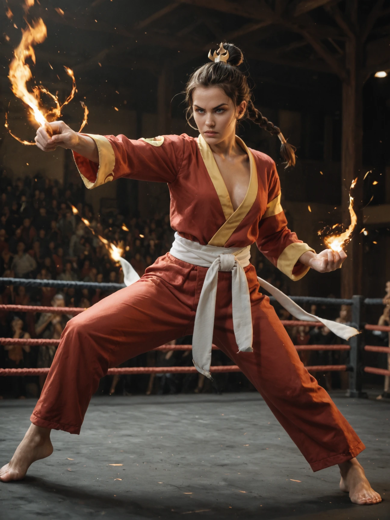 1girl, Fire bender, sexy outfit, flames, sparks, dynamic, powerful, elemental, magic, intense, gaze, martial arts stance, energetic, mystical, sparks, swirling, orange, red, fierce, background, realistic, score_9, score_8_up, score_7_up, score_6_up