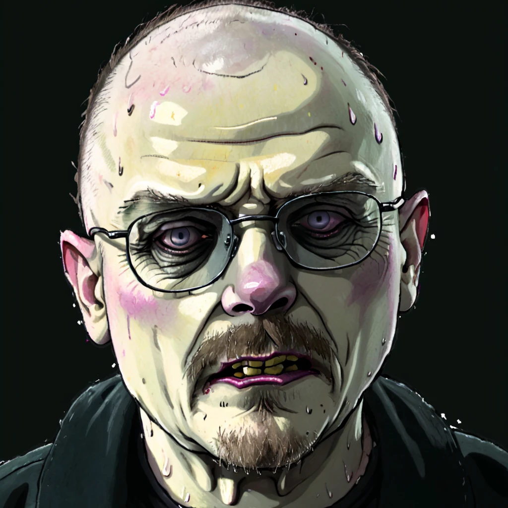 Walter White, breaking bad, glasses, bald, pale skin, strong shadows, tired, bags under eyes,  flat colors, angry, <lora:XL_justaworm_v1:1.4>, justaw0rm, ((sweat)), (greasy), solo, portrait, white background, simple background,