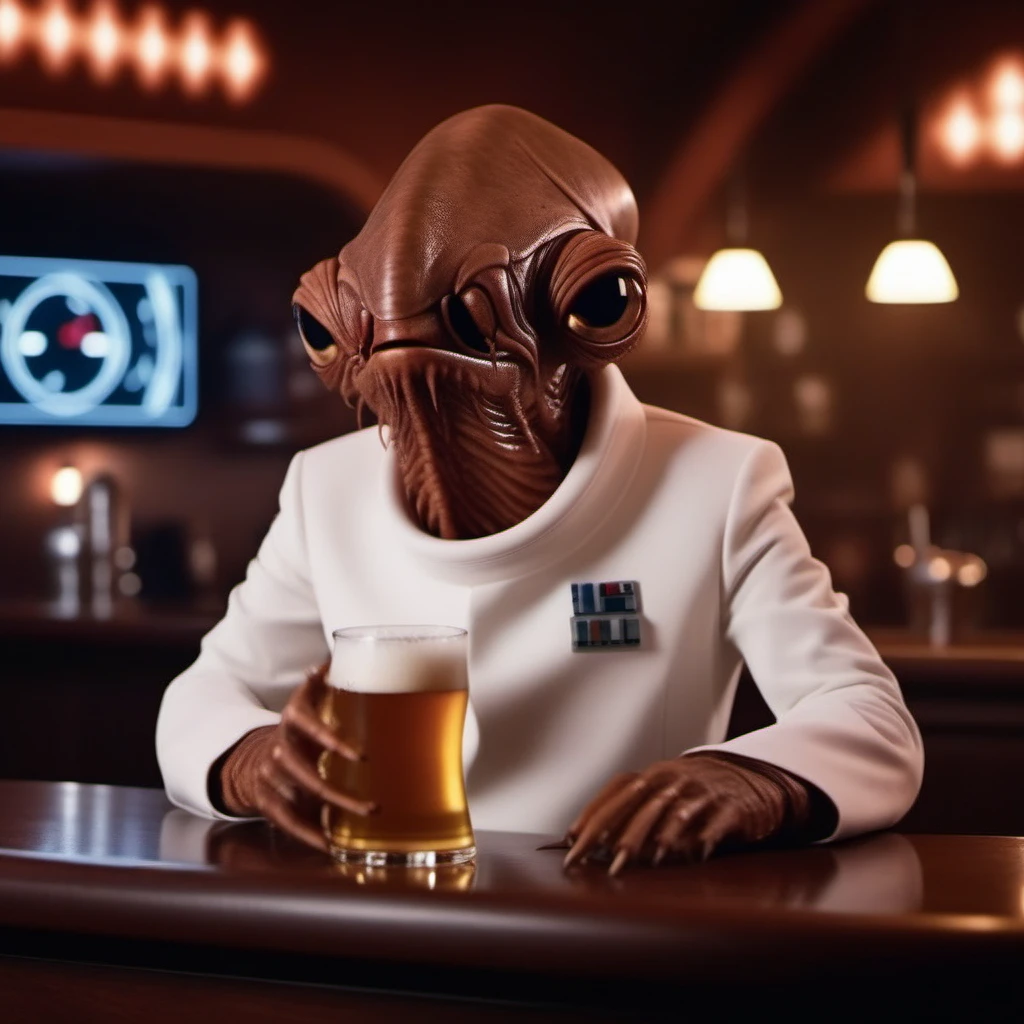 cinematic photo an alien with a strange looking face, star wars, white suit, having a beer in a pub, +++(((text ''it's a tap''))) <lora:AmiralAckbar1024:0.8> . 35mm photograph, film, bokeh, professional, 4k, highly detailed
