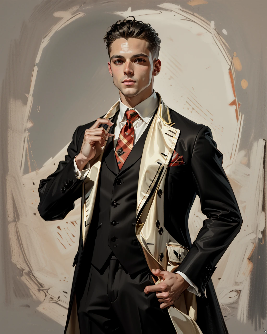 best quality,masterpiece,highly detailed,ultra-detailed, 
 <lora:neg9V2_last:0.7> 
1boy open coat,necktie,suit
 <lora:leyendecker_02:0.8>by  leyendecker, traditional media, extremely detailed eyes, fantastic details full face, mouth, trending on artstation, pixiv, cgsociety, hyperdetailed Unreal Engine 4k 8k ultra HD,