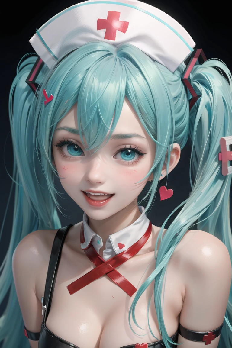 (masterpiece),best quality,1girl, solo, hatsune miku, nurse, twintails, syringe, hat, long hair, aqua hair, nurse cap, blush, open mouth, smile, aqua eyes, nail polish, heart