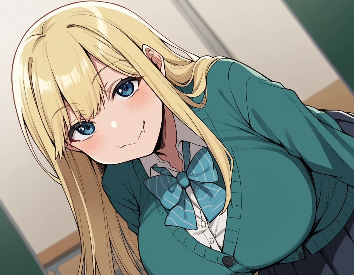 score_9, score_8_up, score_7_up, source_anime,
marinichinose, <lora:marin-ichinose-manga-ponyxl-lora-nochekaiser:1>,
marin ichinose, long hair, bangs, blue eyes, blonde hair, fang, large breasts,
skirt, shirt, long sleeves, school uniform, white shirt, pleated skirt, bowtie, blue bow, cardigan, blue bowtie,
indoors, classroom, smile, bent over,
looking at viewer, solo, cowboy shot, dutch angle,