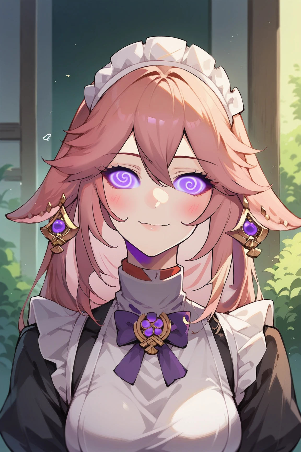 score_9, score_8_up, score_7_up, source_anime, yae miko, upper body, happy, maid, spiralwash eyes, <lora:spiralwashEyesXL_p_3:0.8>, purple eyes, @ @,