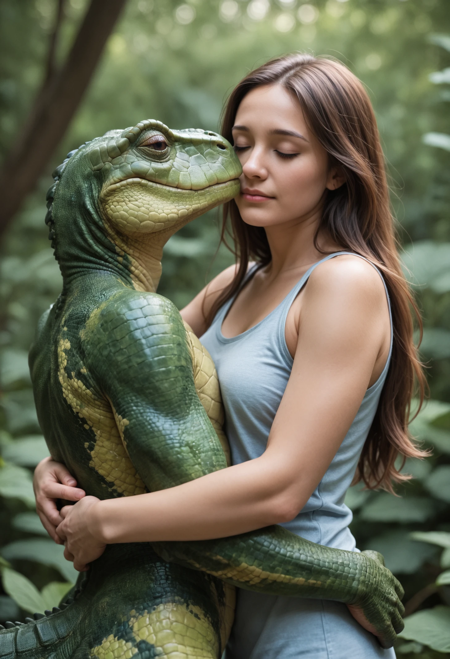 score_9, score_8_up, score_7_up, beautiful human woman, long hair, in love, closed eyes, interspecies, giant lizard male, lewd, eye contact, hugging, detailed raw photo, realistic, photorealistic