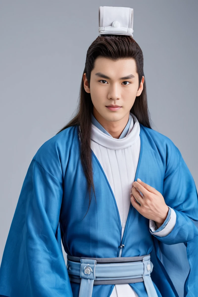 yulexuan, fashion magazine cover with bold text saying "YU LEXUAN", cinematic photo, sexy pose, face focus, upper body shot, young muscular asian male with long hair and big pectorals, inside a studio, wearing  blue hanfu made of cotton, best quality,  wide hips, small coronet made of fabric on his head, 35mm photograph, film, bokeh, professional, 4k, highly detailed, <lora:YuLexuanSDXL3:0.7>