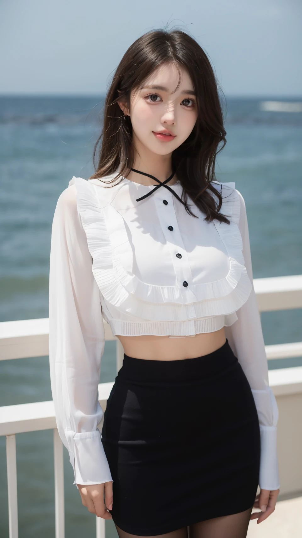 (masterpiece, best quality:1.2),bright colors,solo,photo_,(1girl:1.3),(standing:1.3),(looking at viewer:1.4),Elegant,detailed gorgeous face,(cowboy shot:1.1),realistic,seaside background,,MIS,pencil skirt,shirt,thighhighs,frills,<lora:MIS64:0.75>
