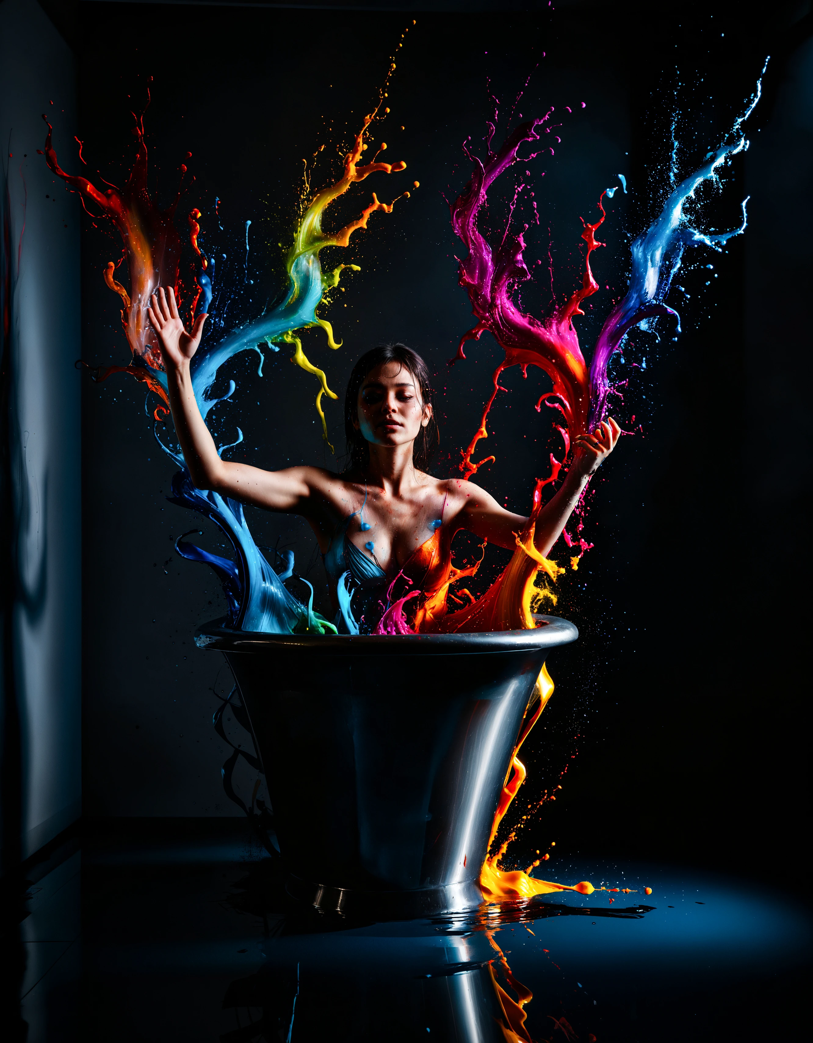 zavy-splsh, paint splash, award winning photography capturing a hand emerging from a whirpool of swirling colors bound by magical energy,in a dark room with glass reflective walls, surrealistic, reflections,splashes,liquid,vibrant colors, shadows, photography, sharp image