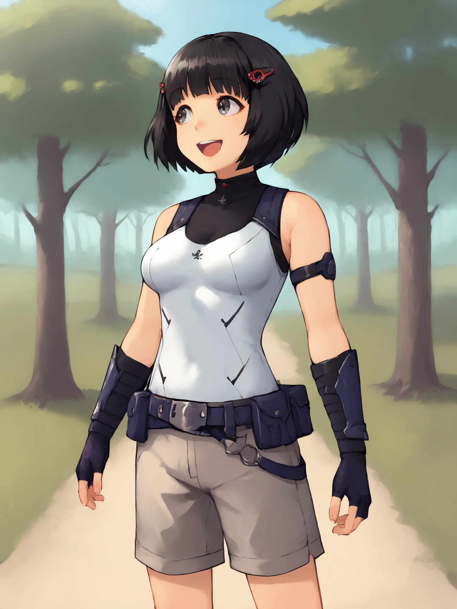 score_9, score_8_up,sharp focus,,  absurdres, highres, illustration, depth of field, tree, forest, 1girl, solo, fingerless gloves, grey shorts, belt, smile, open mouth, looking ahead, , black hair, short hair, bob cut, hair ornament, lineleexl, hairclip, grey eyes, armor <lora:linleexl:0.75>        <lora:Cham22_SandS:1>