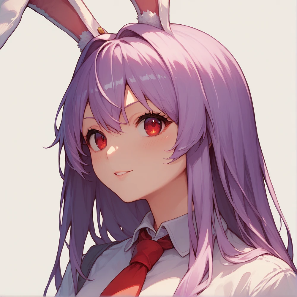 score_9, score_8_up, score_8, score_9, 1 girl, source_anime, <lora:reisen_udongein_inaba_ponyxl-10:1.0>, reisen udongein inaba, purple hair, red eyes, rabbit ears, rabbit girl, long hair, portrait, white shirt, red necktie
