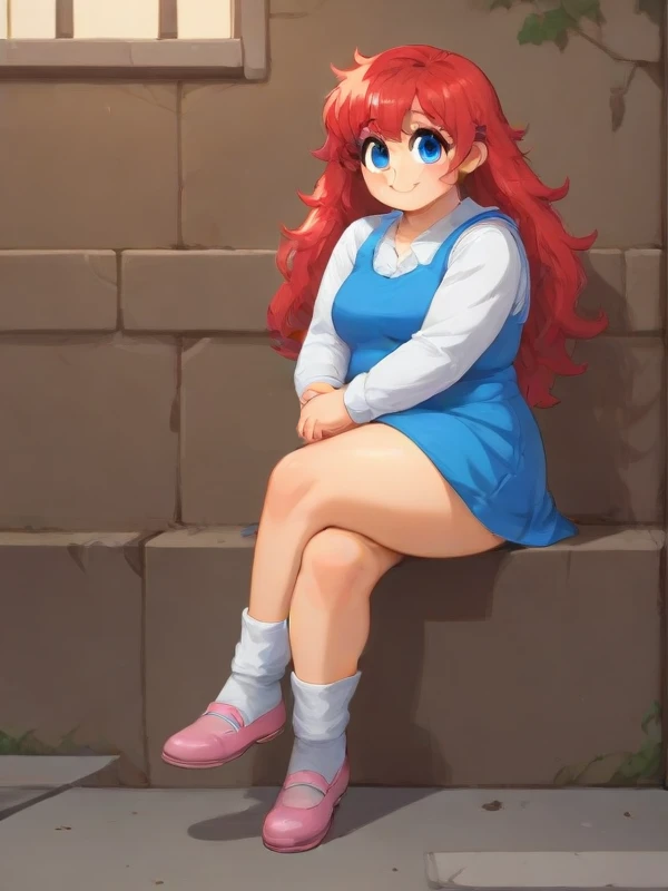 score_9, score_8_up, score_7_up, momokow,1girl, 18 years old, 1girl, red hair, long hair, big eyes, blue eyes, smile, chubby, thick thighs, Crossed legs pose, wearing white socks, pink shoes, blue dress, in the sewers, sharp focus, daylight <lora:HyLper-Accelerate-PAseer-ponysdxl:1><lora:unshaven_pubic_hair_pussy_ponyXL:0.0> <lora:Momoko_Wonderful:0.8>